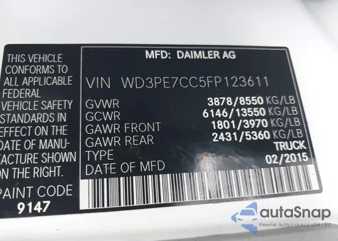 2015 Mercedes-Benz Sprinter 2500 Normal Roof z USA, uszkodzony, nr VIN WD3PE7CC5FP123611